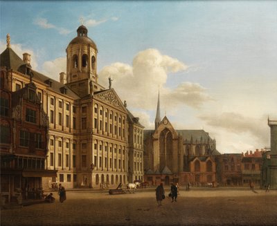 Vista de la presa con el Ayuntamiento en Ámsterdam de Jan van der Heyden